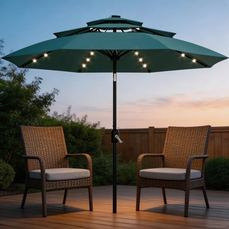 3-Tier Solar Patio Umbrella, with LED Lights and Vents - Turquoise
