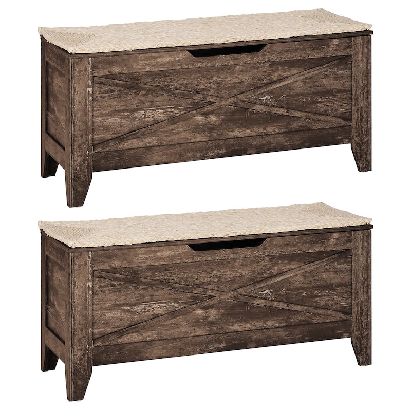 VECELO Storage Bench, Wooden Chest for Storage with Wicker Mat Safety Hinges Entryway Shoe Bench Storage Trunk(Set of 2)