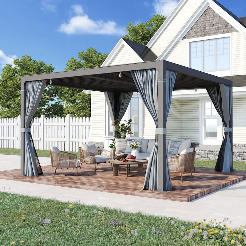 Outdoor Louvered Pergola, Outdoor Patio Hardtop Gazebo, Adjustable Metal Roof Curtains and Netting Included
