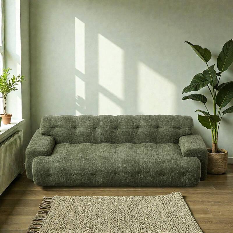 87.4 Inch Cloud Style 3 Seater Sofa, Button Tufted Chenille Upholstered Couch with Square Arms, No Assembly