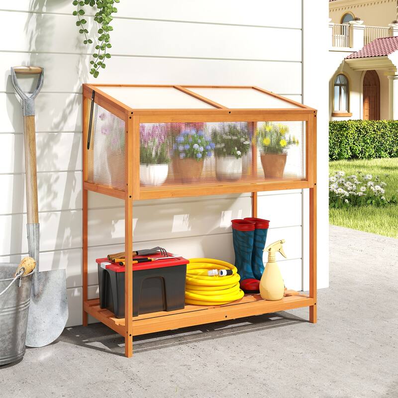 Gymax Wood Cold Frame Greenhouse w/Transparent Openable Roof & Slatted