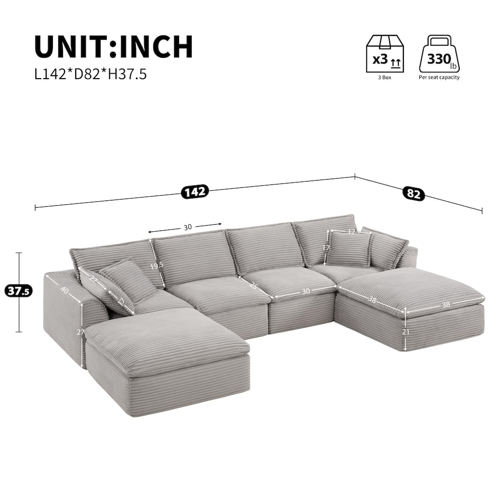 U Shaped Modular Sectional Sofa with Ottomans, Oversized Corduroy Upholstered Cloud Sofa, Fully Compressed 6 Seat Sofa