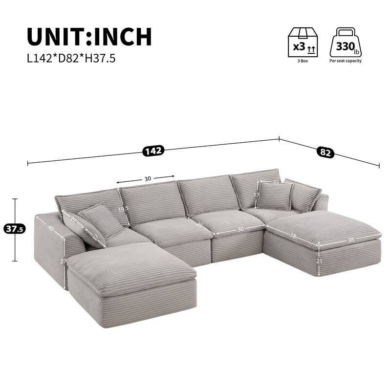 U-Shaped Sectional Sofa Set, Oversized Modular Deep Seat Sofa Corduroy Cloud Like Couch with 2 Movable Ottomans