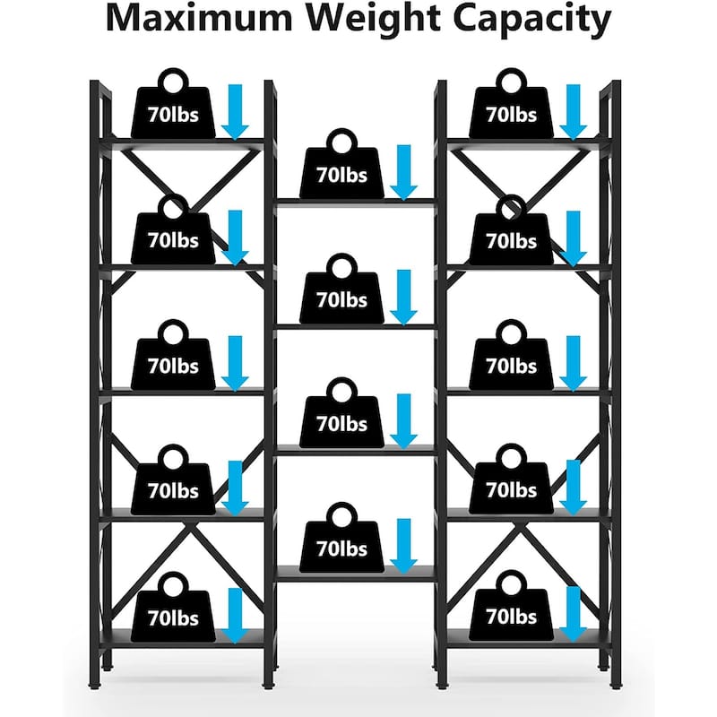 Open Triple Wide 5-Shelf Bookcase, Industrial Etagere Bookshelf for Home & Office