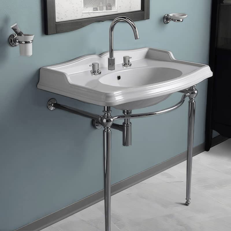 Whitehaus Britannia Large Rectangular Sink Console with Front Towel - White / Chrome