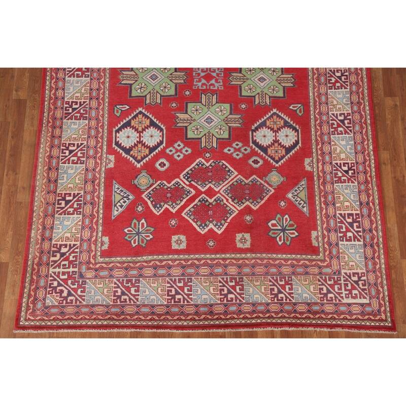 Hand Knotted Oriental 100% Wool Carpet Traditional Geometric Red Kazak Area Rug - 10' 5'' X 6' 6''