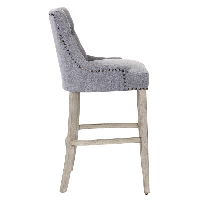 Carter 29" Upholstered Button Tufted Bar Stool, Antique Gray Legs