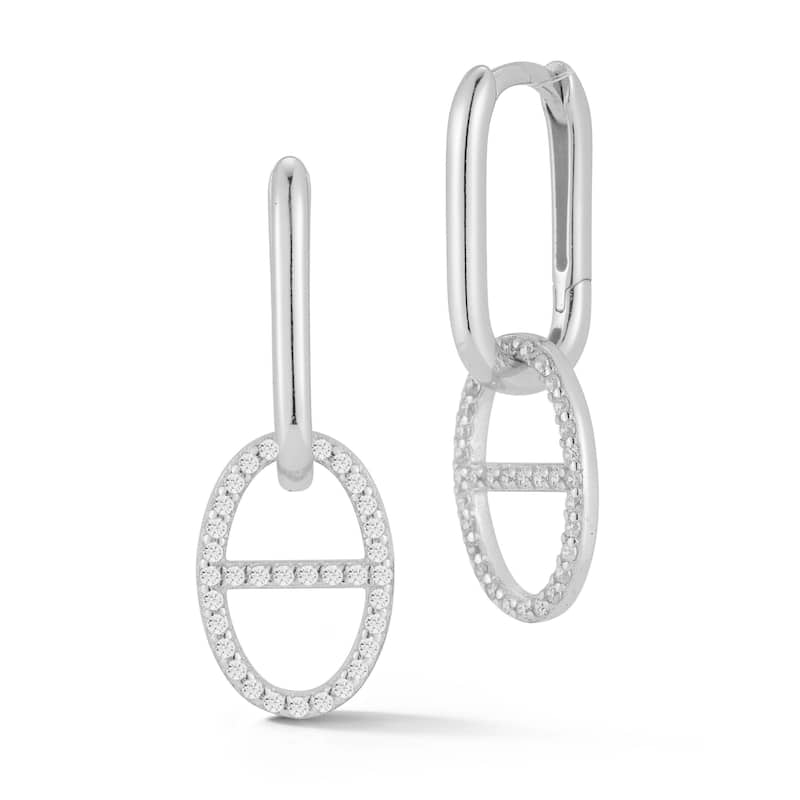 Soleil Sterling Silver Pave Open Mariner Link Charm Earrings - White