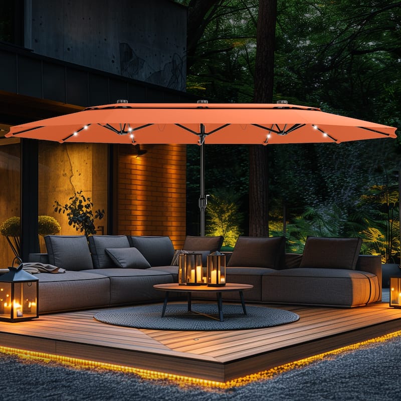 MAISON ARTS 15ft 2-Tier Vented Large Patio Umbrella with Solar Lights, Double-Sided Outdoor Market Umbrellas with Base Included - OrangeRed-Lights