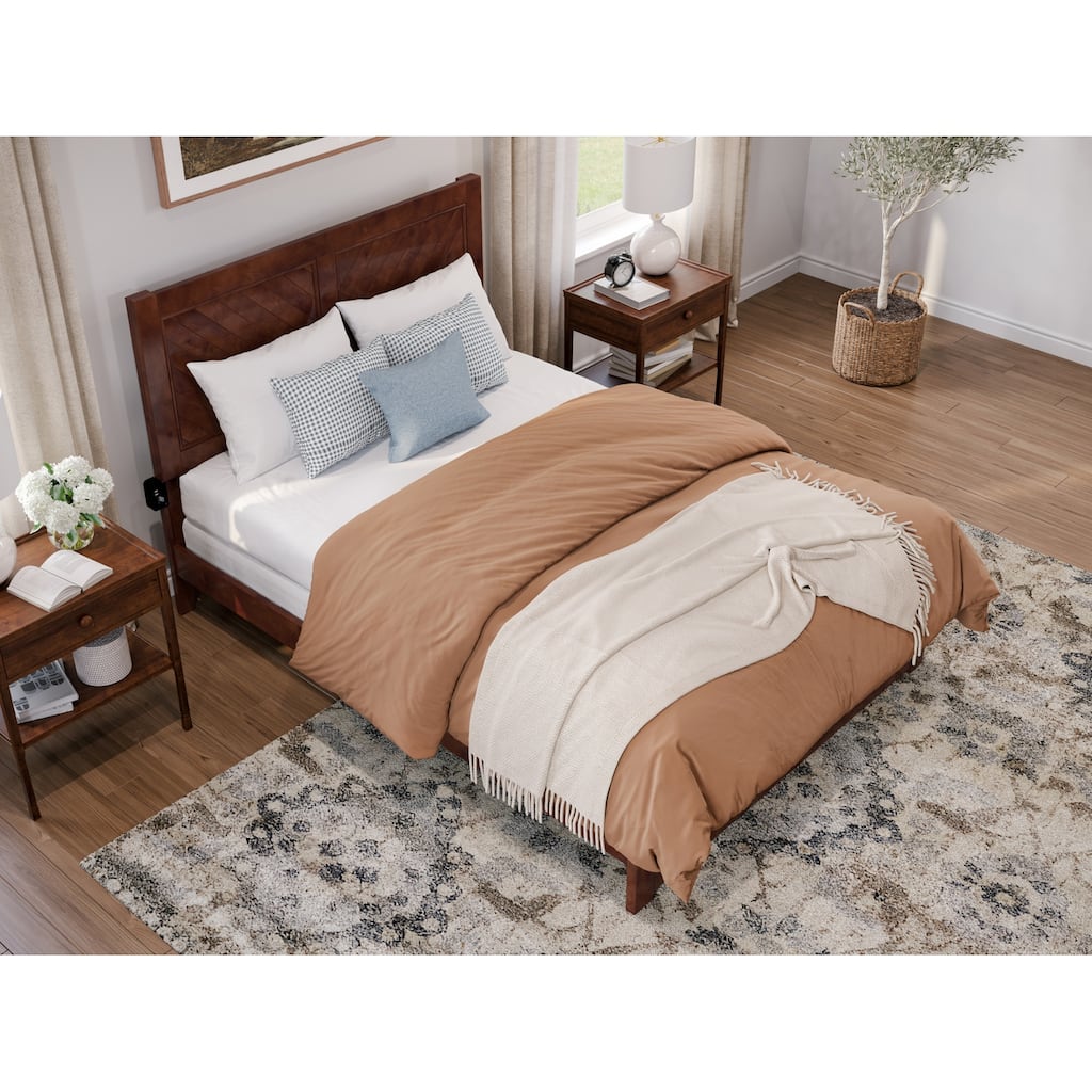 Full Bed Frame with USB Charger, Modern Platform Bed, Walnut Finish, 82.75"L, 800 lbs Capacity