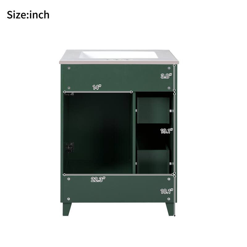 24" Bathroom Vanity with Ceramic Sink, 2 Drawers & 1 Door, Free-Standing Small Vanity Cabinet - Faucet Not Included