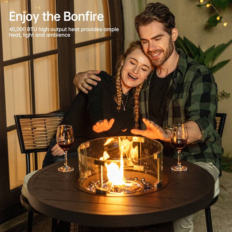 31.5" Wicker Propane Bar Height Fire Pit Table, 40,000 BTU Outdoor Round Gas Fire Table with Fire Glass Stone