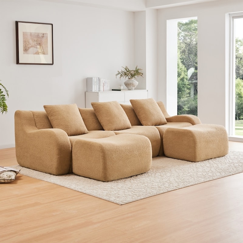 115.3" U-shaped Soft Teddy Fabric Boneless Sectional Sofa for Relaxed