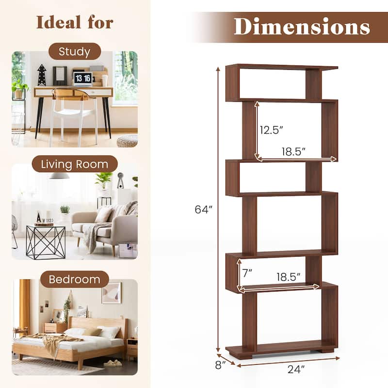Engineered Wood 6-Tier S-Shaped Bookshelf with Anti-Tip Kits - 24" L x 8" W x 64" H