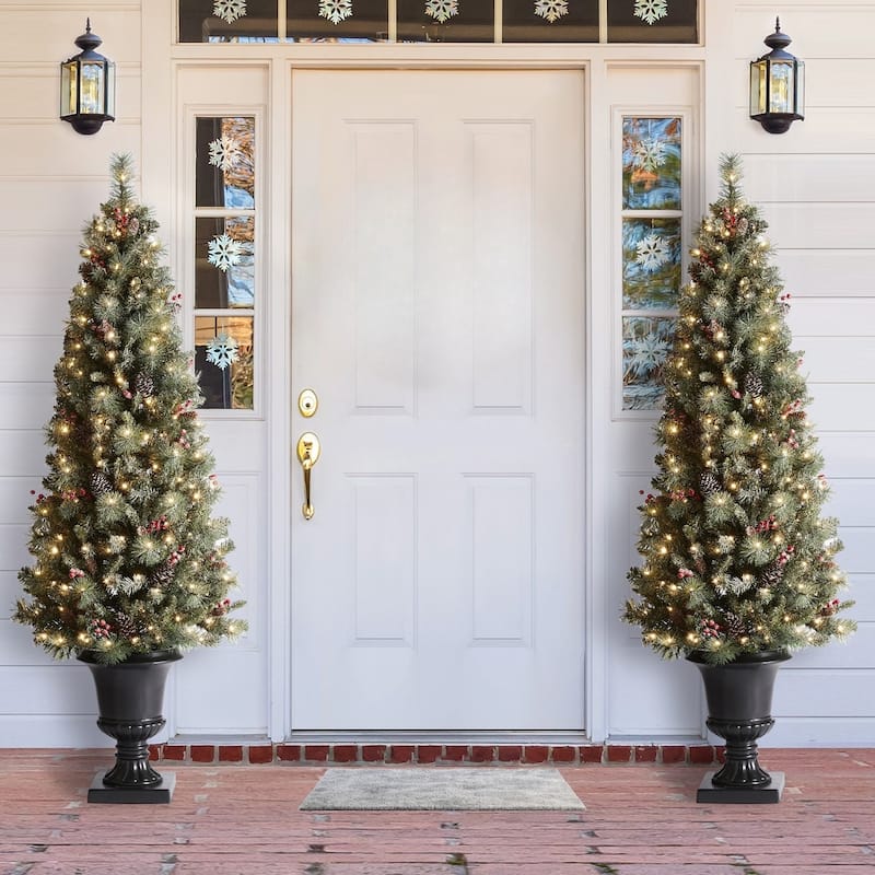 Glitzhome 4ft/5ft/6ft Flocked Pine Christmas Potted Porch Tree With Warm White Lights - Set of 2- 6' Tree