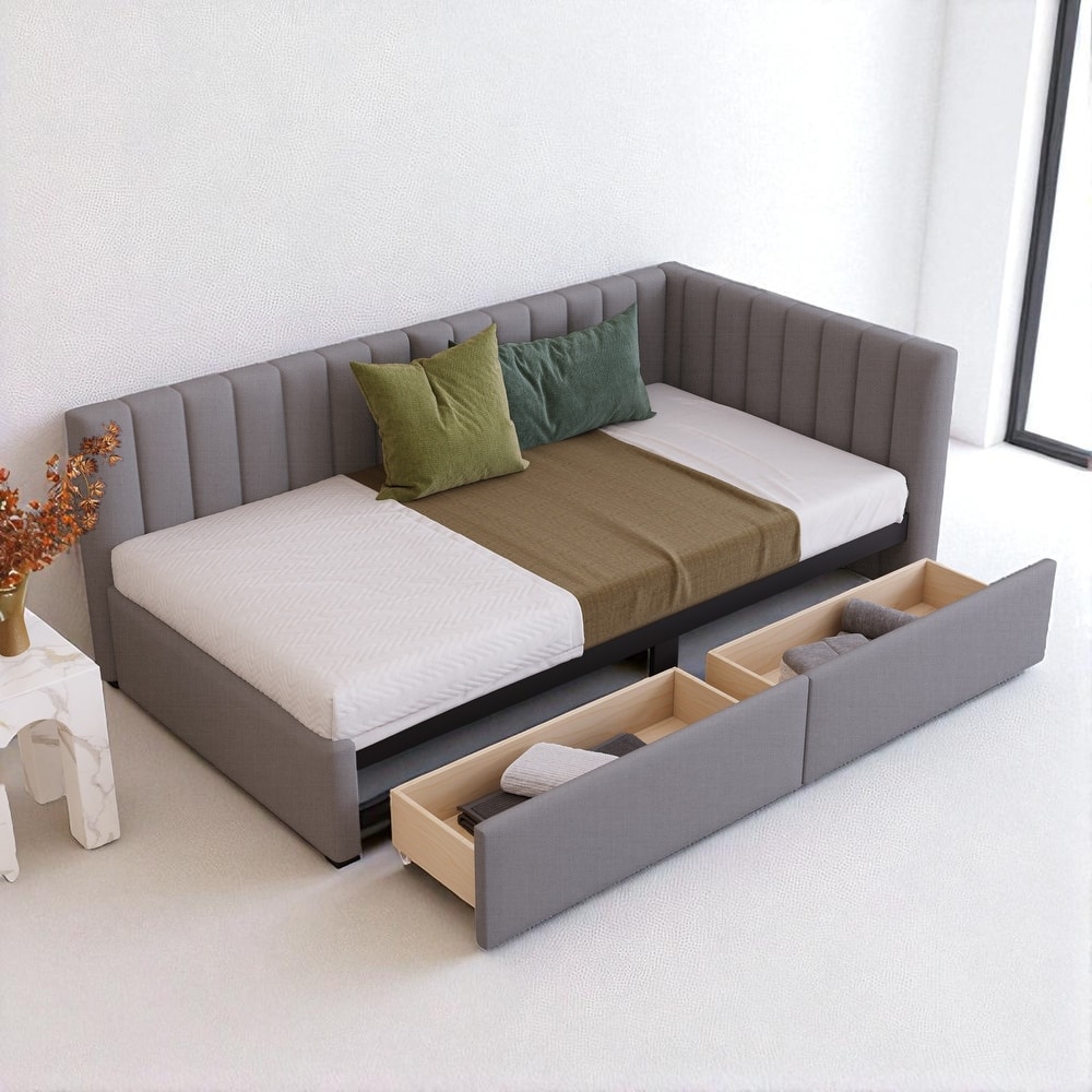 Twin Size Upholstered Daybed with 2 Storage Drawers, Linen Fabric Sofa Bed Frame, No Box Spring Needed