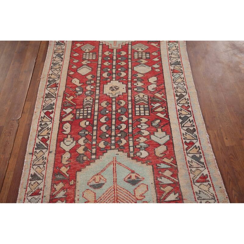 Red Hamedan Persian Vintage Runner Rug Hand-Knotted Wool Carpet - 3'3" x 10'3"
