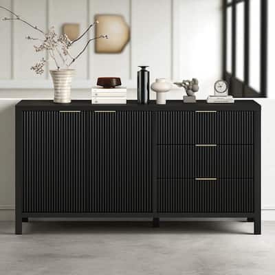 Minimalist Wave-Pattern Sideboard with Storage, Acacia Wood Legs & Aluminum Handles, for Hallway & Entryway