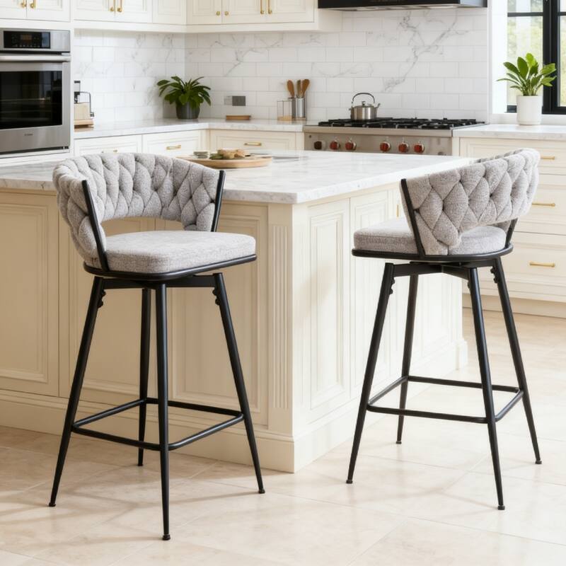 Set of 2 swivel bar stools with breathable cotton and linen soft cushions, electroplated metal frames without rust
