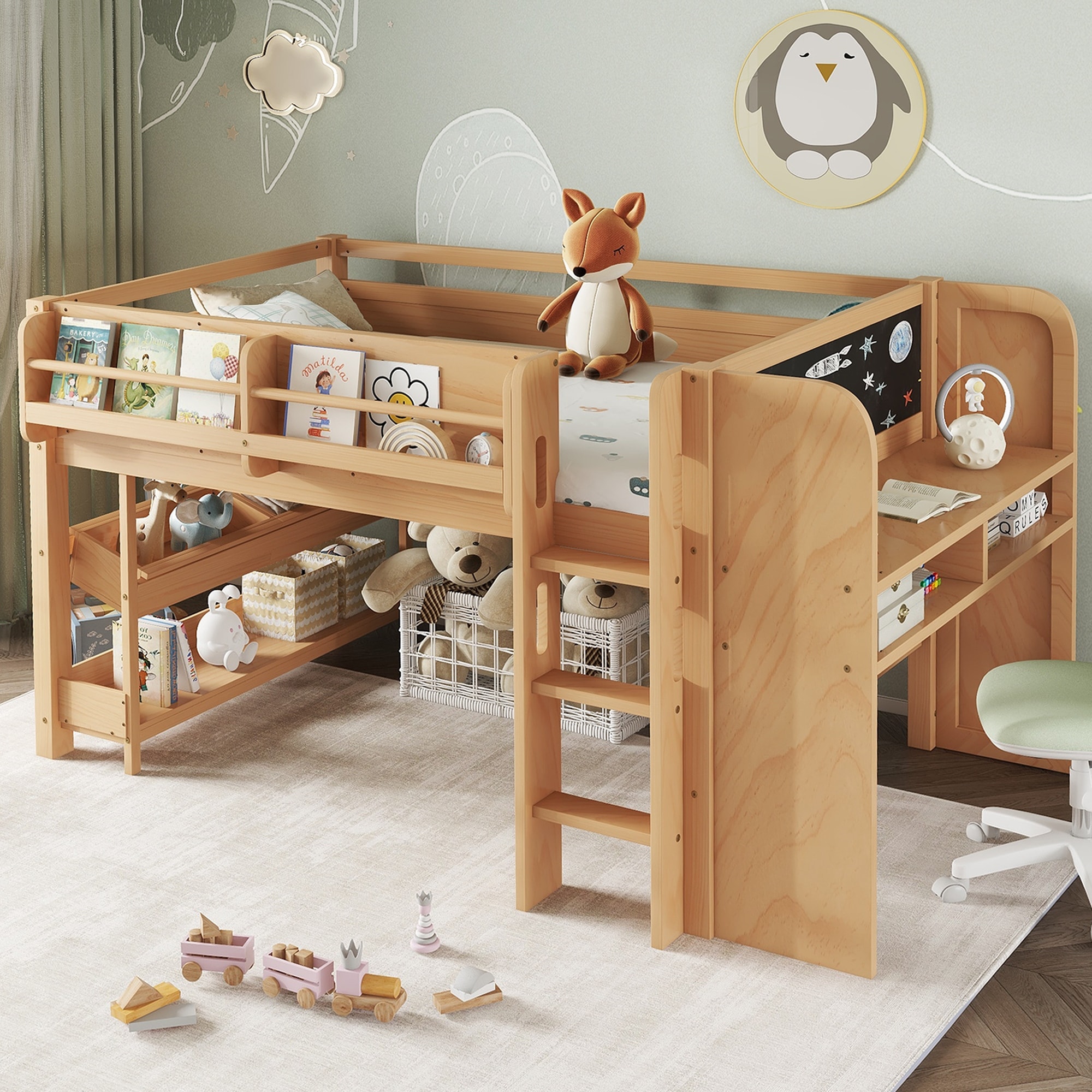 Roomfitters Wood Low Loft Bed, Study Desk, Storage Bookcase & Blackboard, Natural Kids Loft Bed with Removable Storage