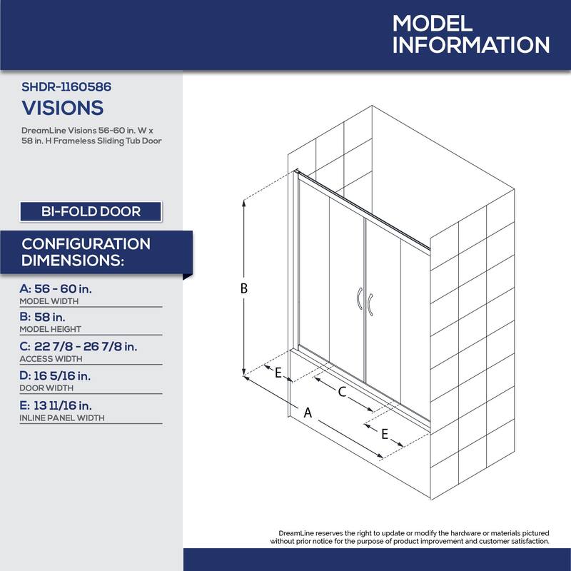 DreamLine Visions 56-60 in. W x 58 in. H Semi-Frameless Sliding Tub Door - 56" - 60" W