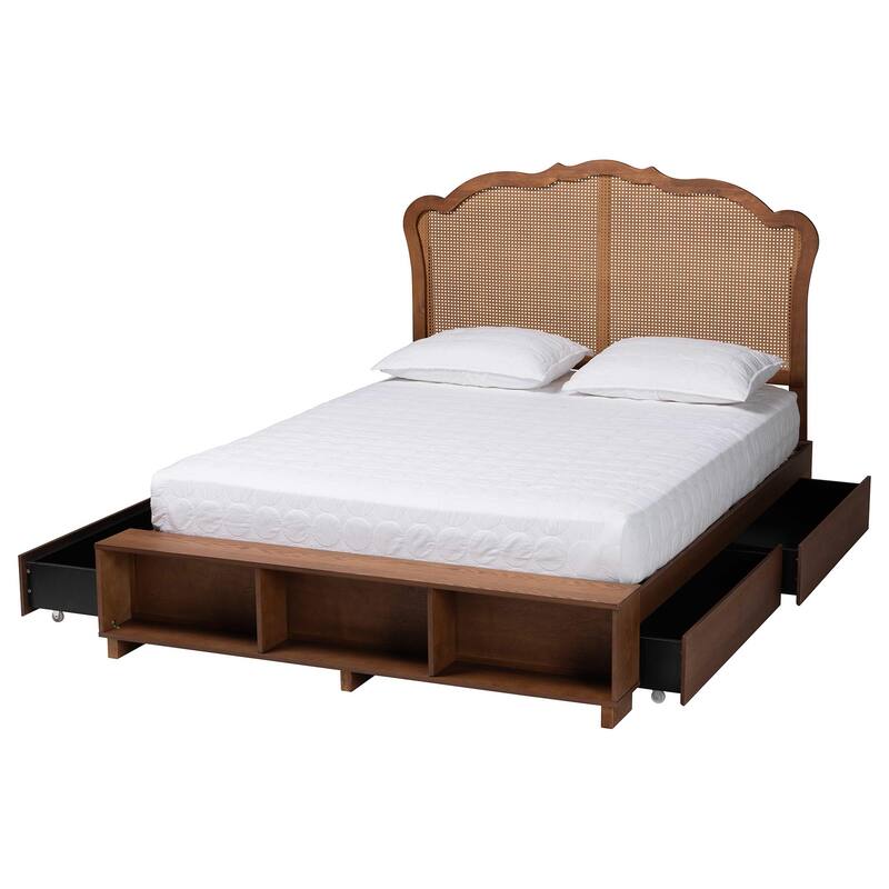 Latrell Mid-Century Walnut Brown Wood and Rattan Storage Bed