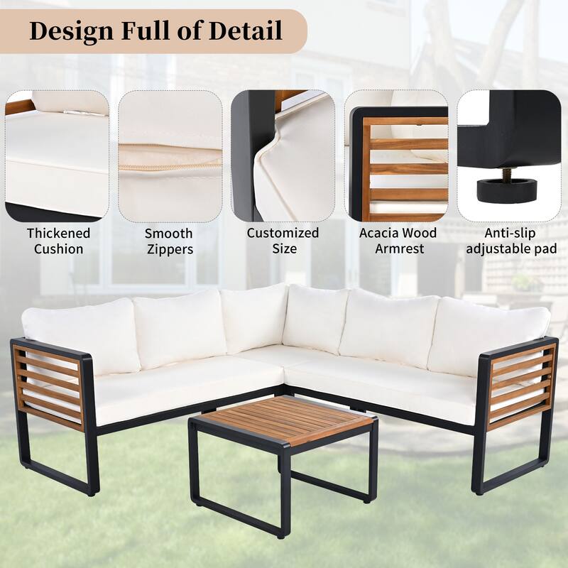 4-Pieces Outdoor Iron L-Shaped Sectional Sofa Set with Coffee Table and Soft Cushion