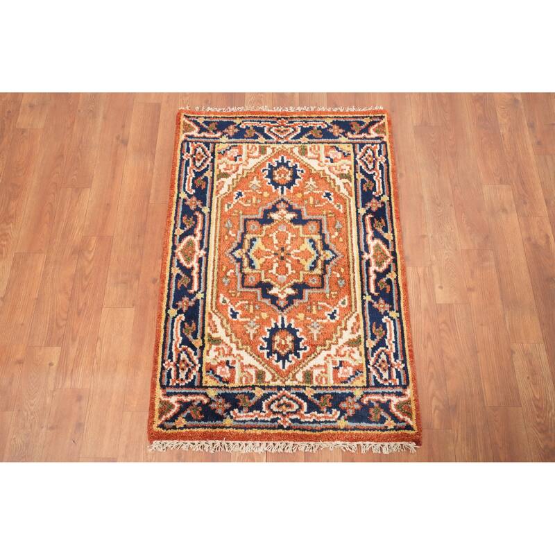 Hand Knotted Oriental 100% Wool Carpet Traditional Medallion Oranges & Rust Heriz (serapi) Area Rug - 3' 0'' X 2' 0''