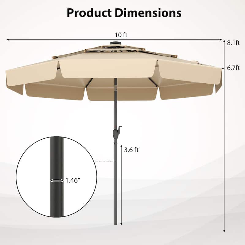 10FT Polyester Patio Umbrella with Solar Lights and Tilt Crank 3-Tier Vented Shade for Backyard
