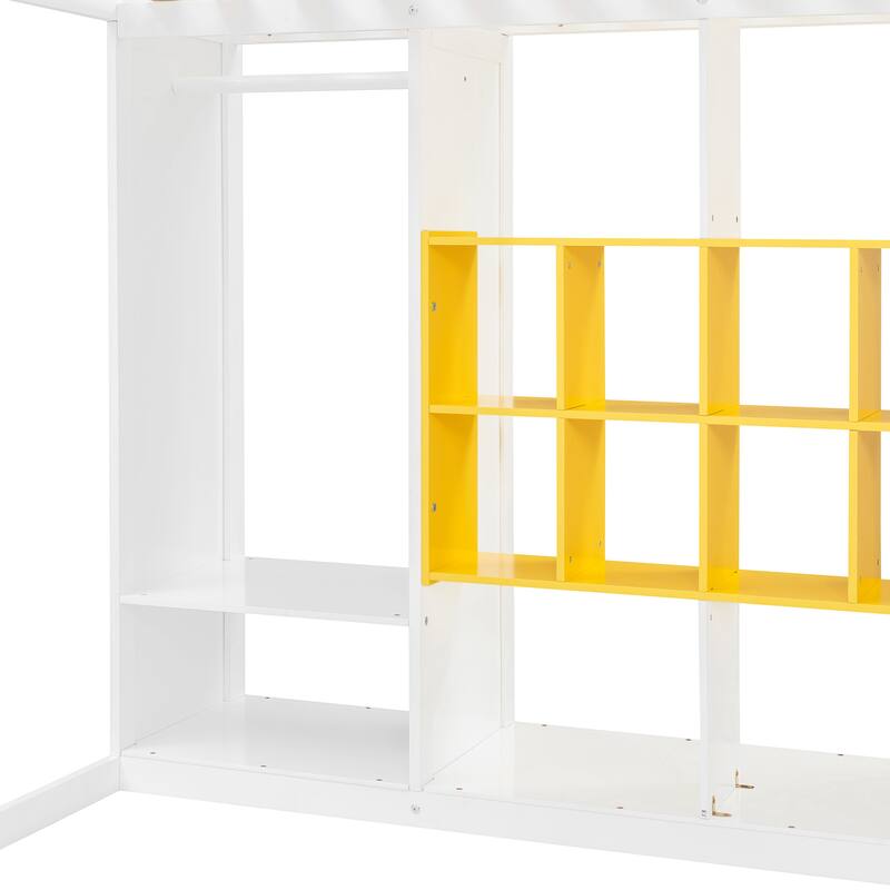 Twin/Full Size Versatile Loft Bed with Wardrobe, Storage Bed Frame with Multi-Shelves and Clothes Hanging Rod