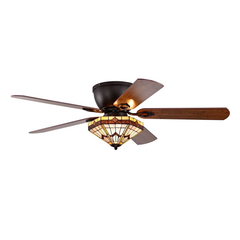 Lymelyn 52-Inch Flushmount Lighted Ceiling Fan Ivory Geometric Tiffany Glass Lamp Black Finish