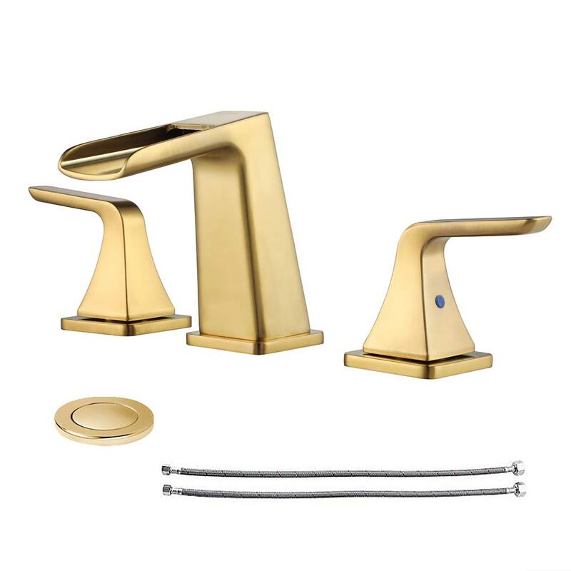 PROOX 8" Widespread Double Handles Bathroom Waterfall Basin Faucet w/ Drain Assembly - Brushed Gold
