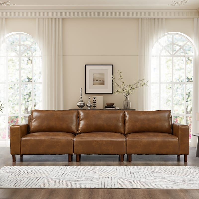 Roomfitters 112" Modern Extra Large 4-Seater Sofa, PU Leather Sectional Couch with Solid Wood Legs for Living Room - Brown
