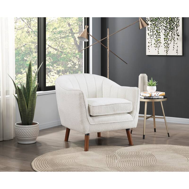White Textured Fabric Upholstered Mid-Century Modern Accent Chair