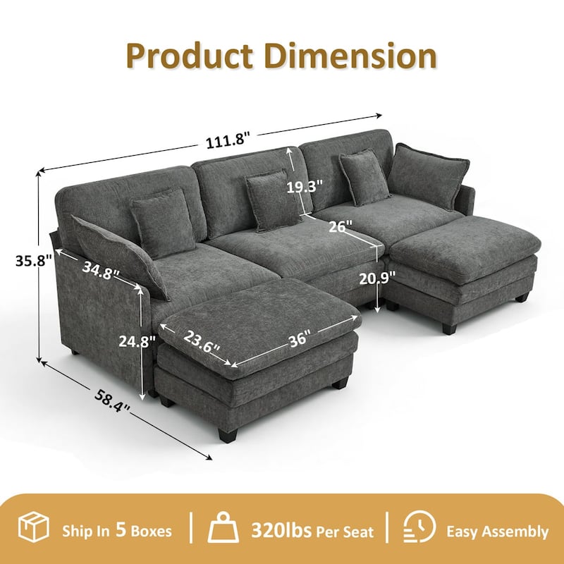 MCombo 111.8'' Modular Sectional Sofa Couch with Reversible Ottoman for Living Room, L Shaped Sofa, FSC Certified