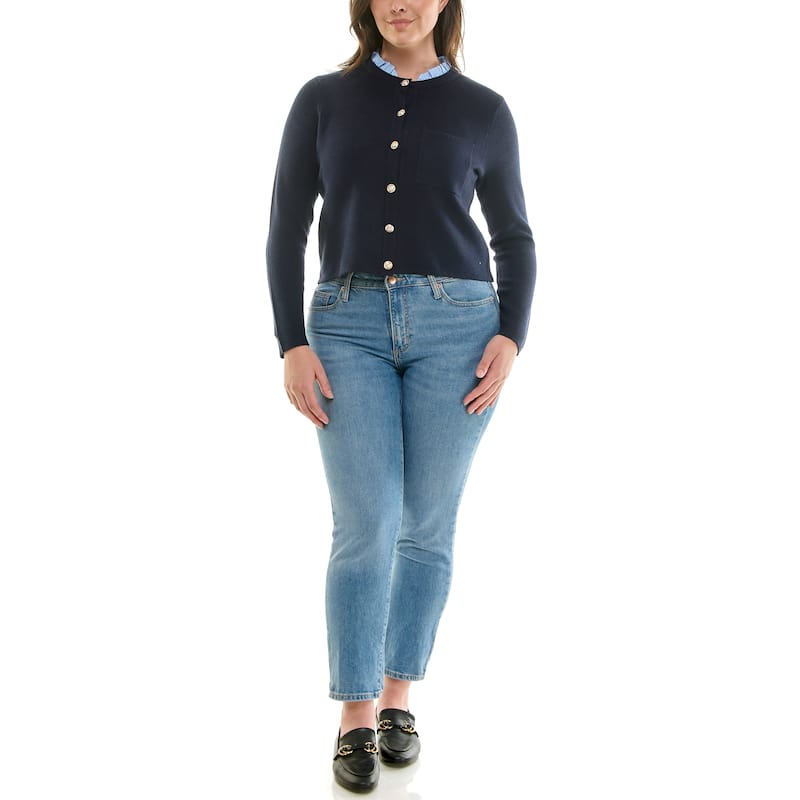 Nanette Lepore Women's Button-Up Knit Cardigan with Denim Collar