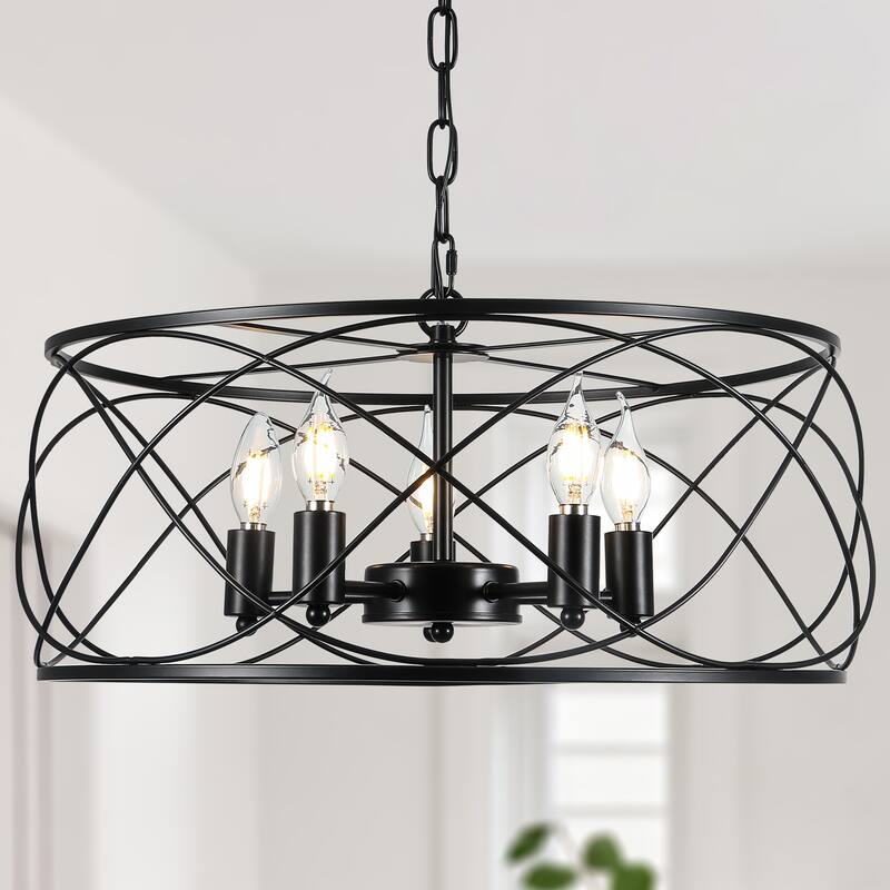 Bella Depot 20" Industrial Black Caged Dimmable Chandelier 5-Light Adjustable Pendant Light for Kitchen Island, Hallway - Black