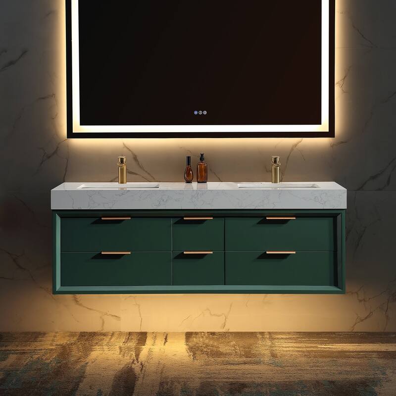 60 Inch Solid Wood Frame Wall-Mounted Bathroom Vanity Set with Double Ceramic Basin