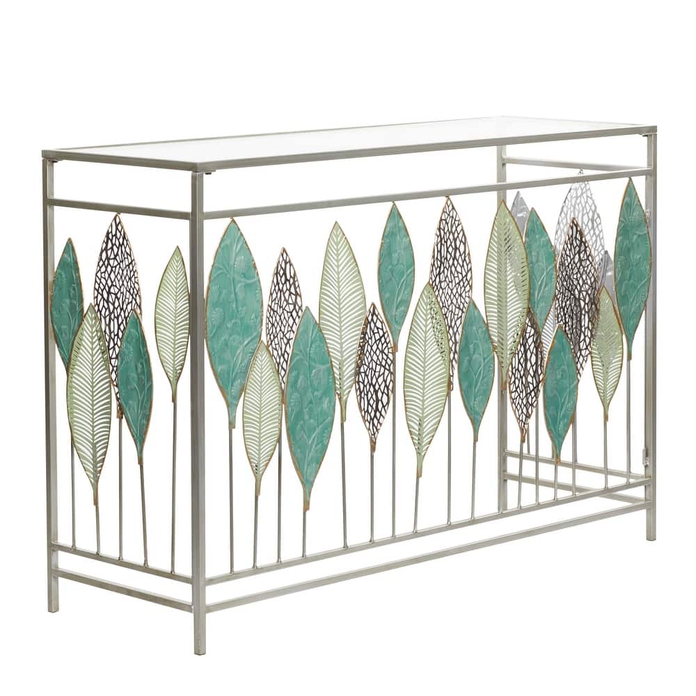 Metal Leaf Rectangular Console Table with Mirrored Glass Top and Gold Accents - Silver, Black or Gold - Roche River Decor