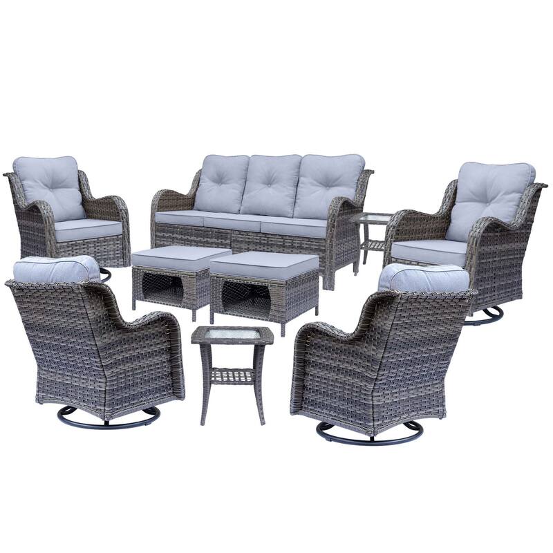 Gray Rattan Outdoor Patio Conversation Sets with Swivel Rocker Chairs