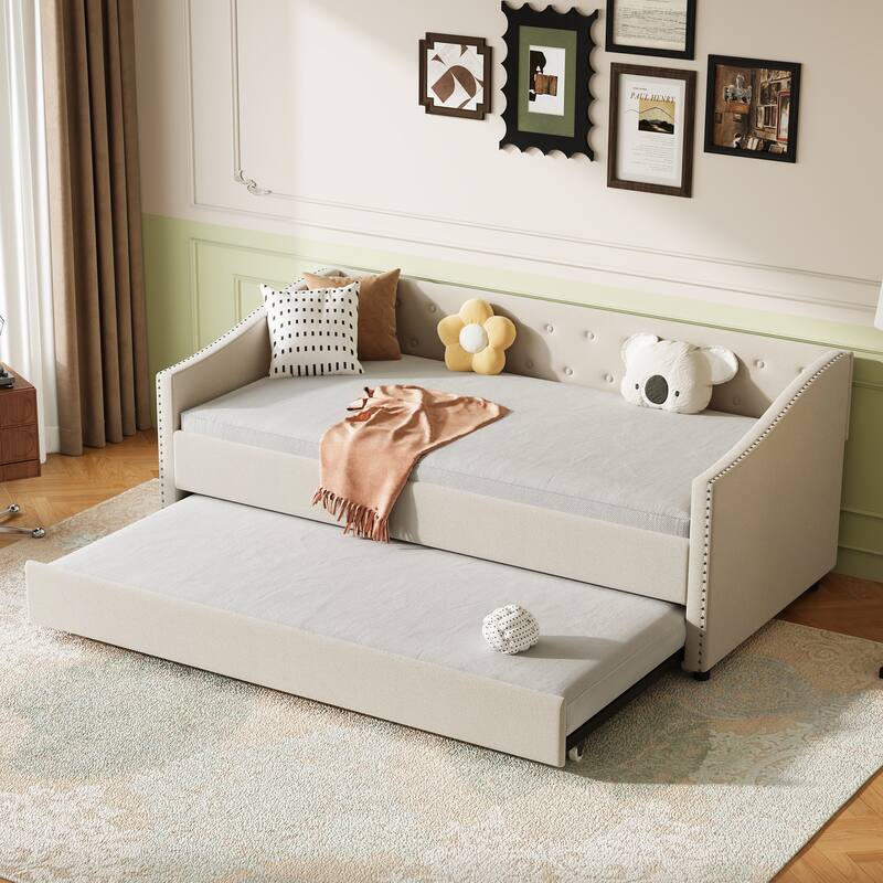 Linen Tufted Daybed with Trundle, Upholstered Platform Sofa Bed Frame, Wooden Slat Support
