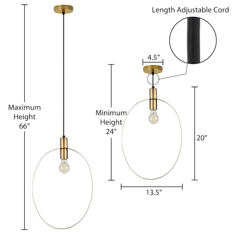 Lena River of Goods Gold Finish Metal 20-Inch Pendant Light with Adjustable Hanging Cord - 13.5" x 2" x 66"