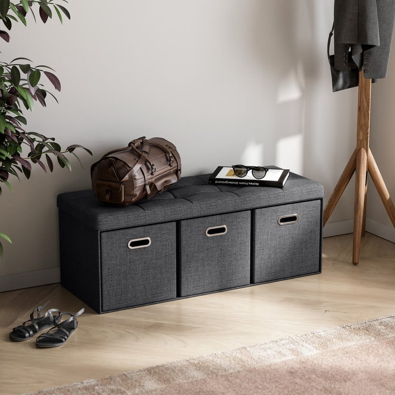 Foldable Linen Large Bench Storage Ottoman with 3 Drawer Cubes - 40"L