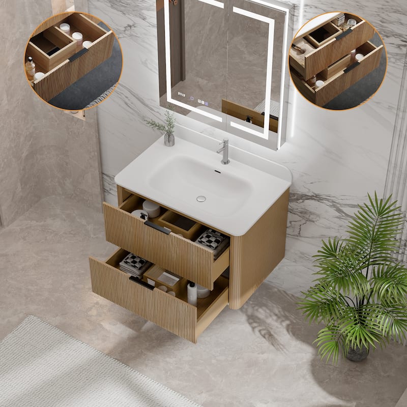 Modland Fluted Floating Vanity with Sink, Plywood Wall Mount Cabinet, Curved Edge, 24/30/36 Inch