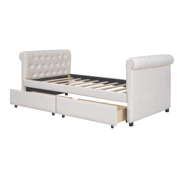 slide 2 of 9, Beige Twin Size Upholstered Daybed Sofa Bed with 2 Drawers, Fabric and Wood Frame Wood Slat Support Beige