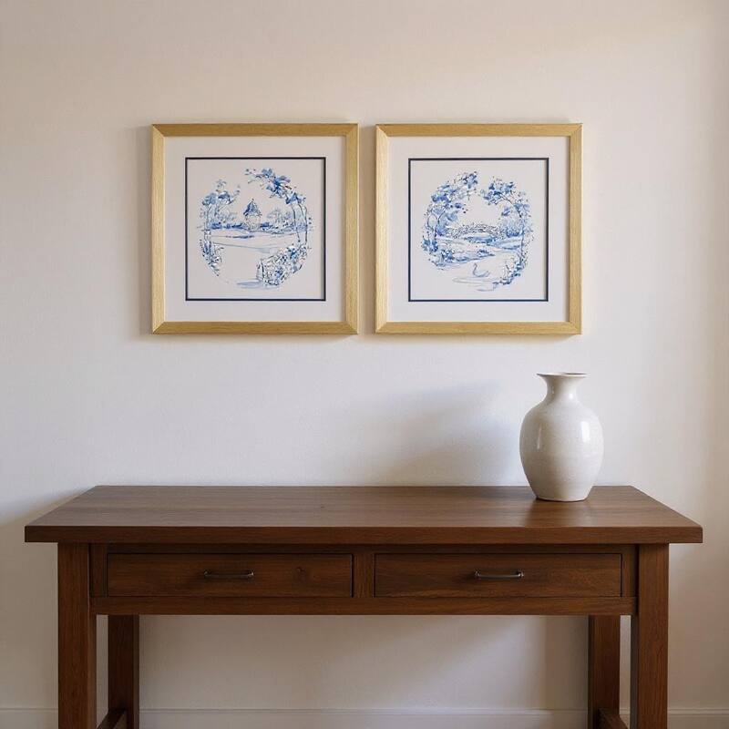 HomeRoots Set Of Two Blue Garden Impress B Gold Framed Wall Art - 18.00 in. x 18.00 in.  x 2.00 in.