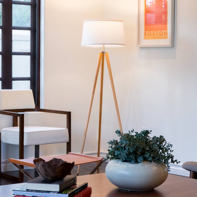 Brightech Emma 61 in. Mid-Century Modern LED Super Bright Floor Lamp with Beige Fabric Drum Shade
