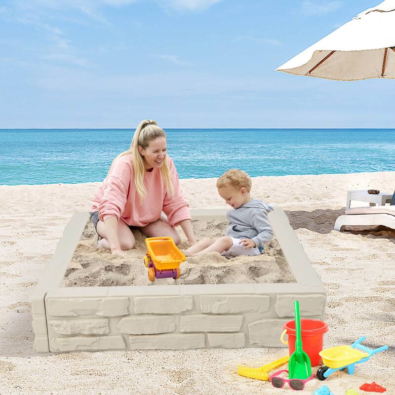 Outdoor Kids Sandbox with Cover and Bottom Liner for Backyard Play - White