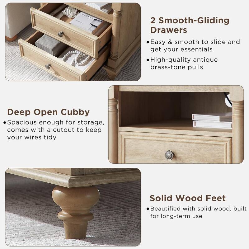 Farmhouse Nightstand Set of 2 with Solid Wood Feet, Charging Station