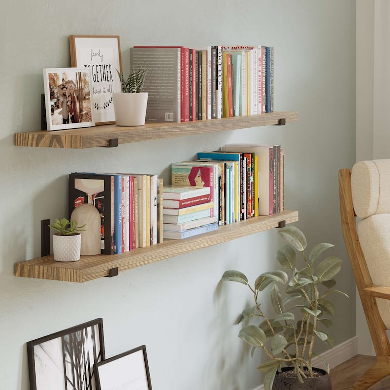 Wallniture Forte 60 Inch Long Bookshelf, Floating Shelf for Wall Decor, 9.25" & 11.25" Depth Options, Farmhouse, Burnt, 2 Pcs - 9.25" Board Depth